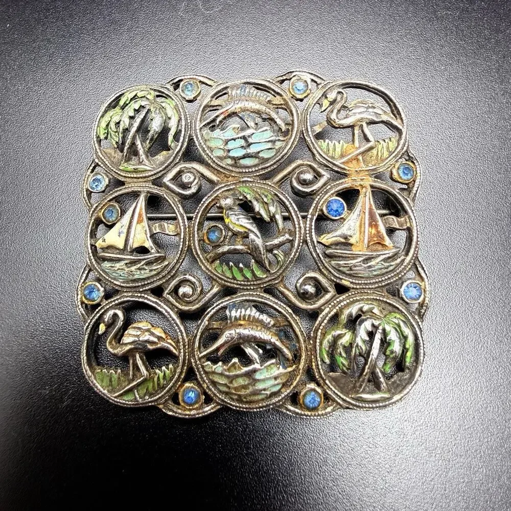 Vntg Florida Souvenir Tourist Brooch Enamel Metal Flamingo Palms Boats Swordfish